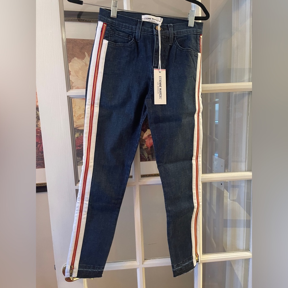 NWT ETIENNE MARCEL red zip, side stripe skinny jeans